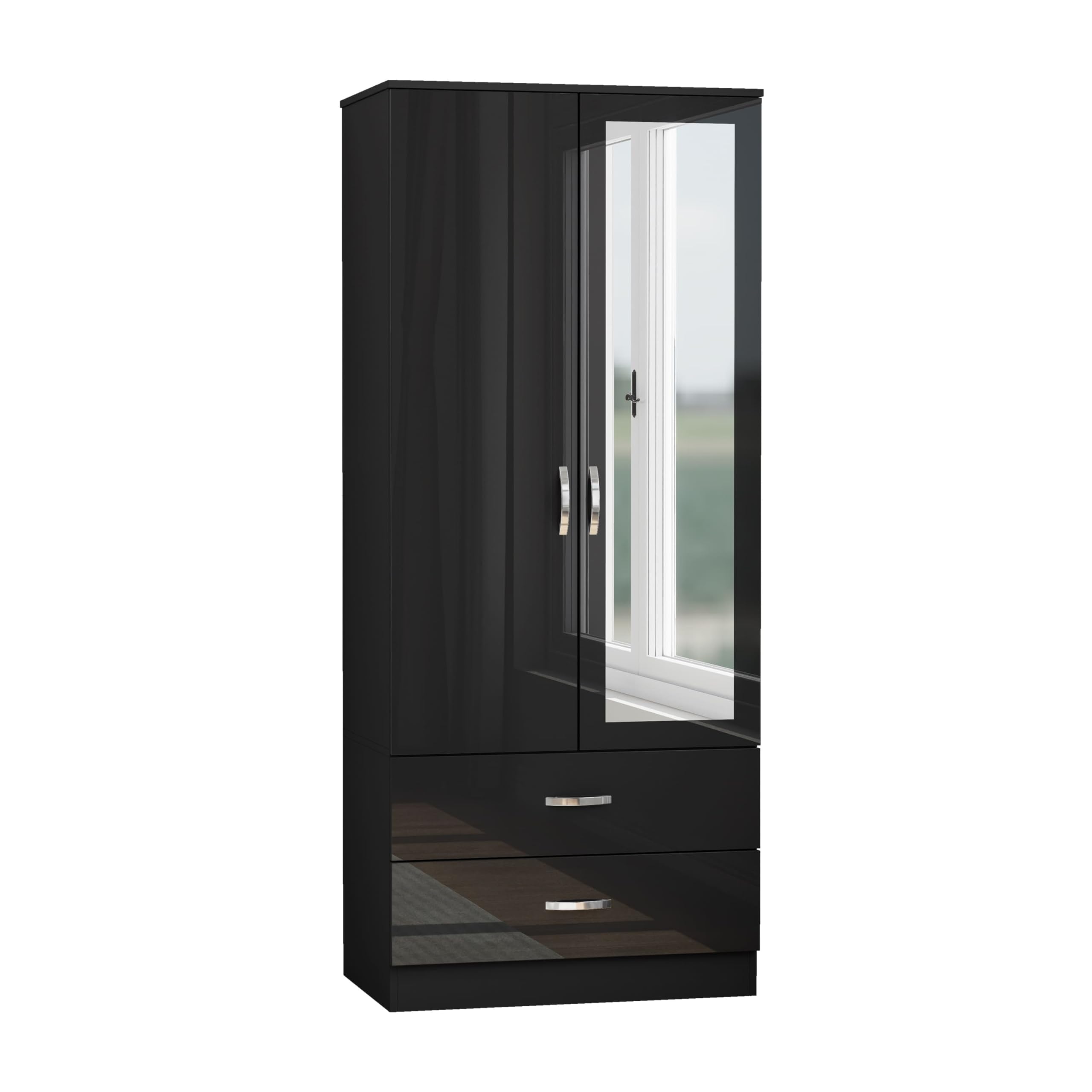 Nera High Gloss 2 Door Wardrobe with Drawers and Hanging Rail Slim Wardrobes for Small Bedrooms Storage (With Mirror Black Gloss (Matt Black))