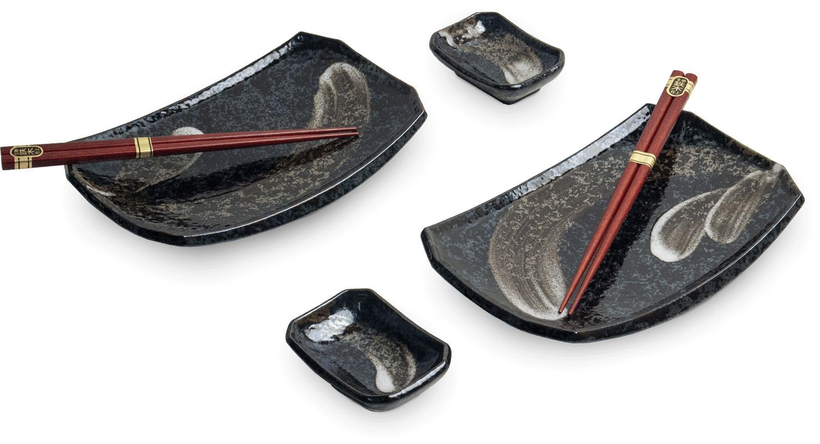 Sushi Set TENMOKU hergestellt in Japan Sushiset als Geschenkset zwei Sushi Teller zwei Schälchen und Essstäbchen 21,5 x 14,5