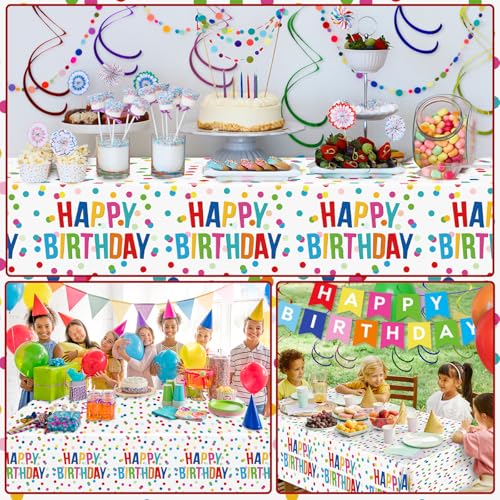 Image of Miucat 3pcs Birthday Tablecloth, Happy Birthday Decorations Set, Colorful Rainbow Dots Design with Happy Birthday Tablecloth. Waterproof Plastic Table Covers for Boys /Girls Party 54X108inch