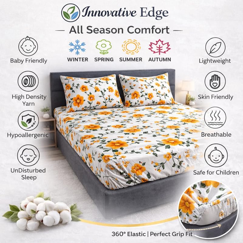 Image of Elasticated King Size Bedsheet - Cotton Feel Glace Fabric, Ultra Soft Fitted Sheet for 6 to 8 Inch Mattress, Durable & Breathable (Floral Otange)