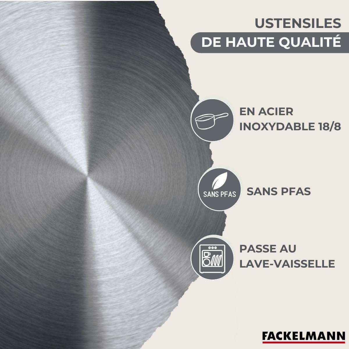 Fackelmann 9446150 Set mit 1 Pfanne 20 cm, 3 Stieltöpfen aus Edelstahl 18/8 und 6 Kochutensilien für alle Herdarten, Induktion, PFAS-frei, Edelstahl 18/8, 12, 16, 20 cm