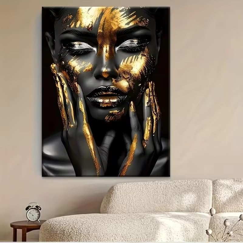 Lienzo de mujer africana abstracto en negro y oro, elegante póster de salón en formato 40x60cm