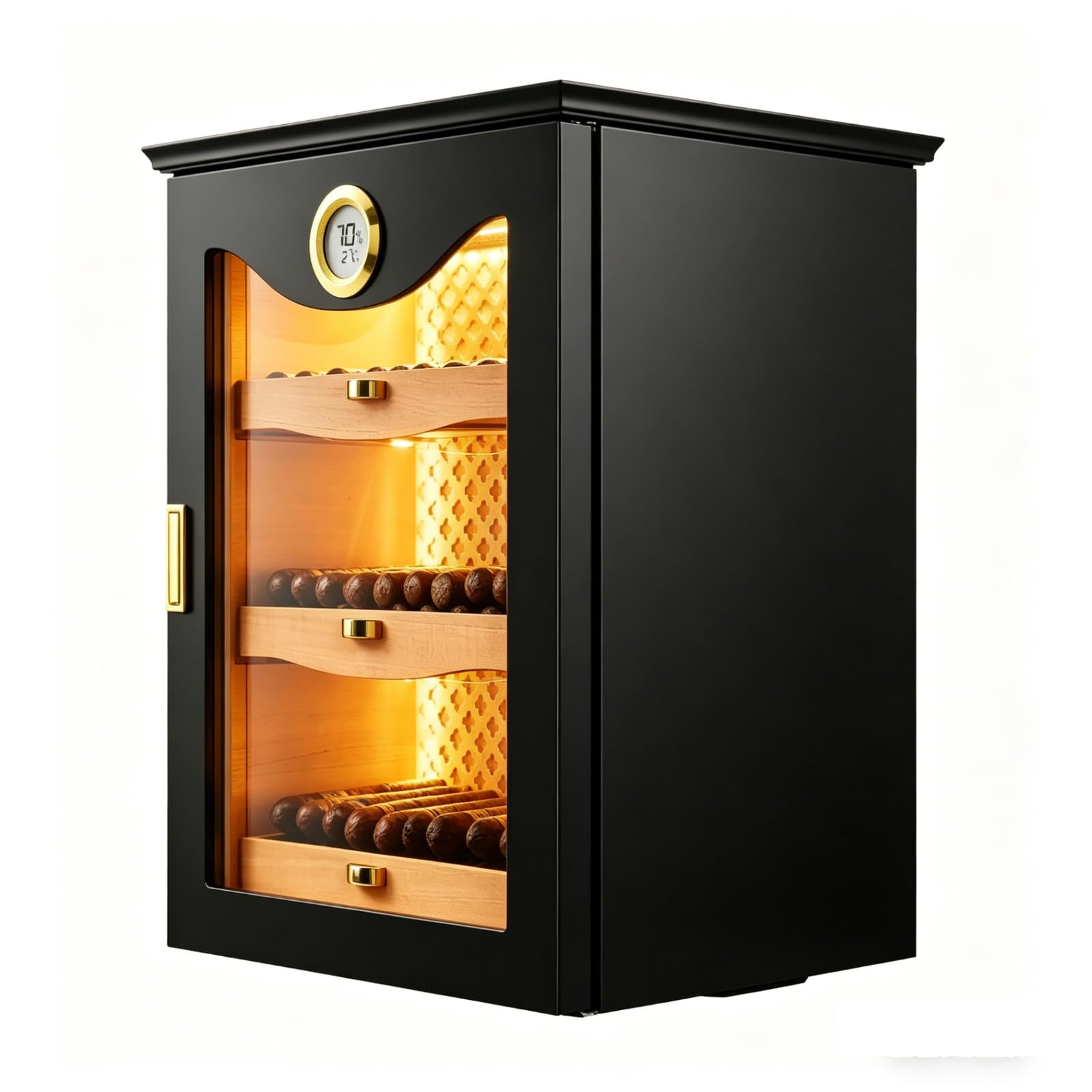 ZHENYUWANG Cigar Humidor, Holds 130 Cigars, Made Of Cedar Wood, Layered Design, Built-In Humidifier black
