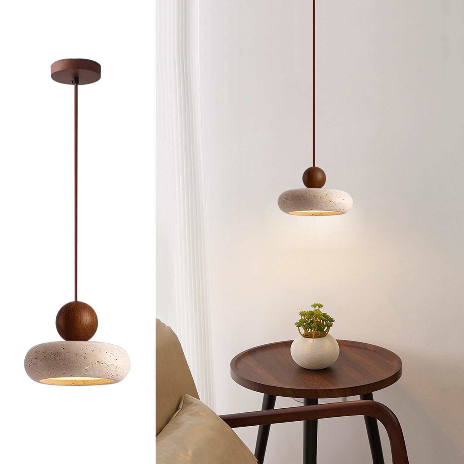Natural Travertine Pendant Light, Wabi-Sabi Stone Hanging Lamp
