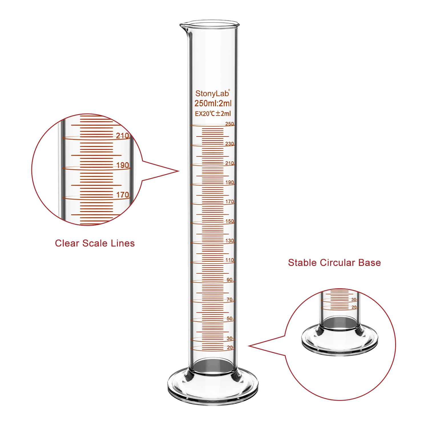 stonylab Cilindro de Medición Graduado, Paquete de 3 250 ml Cilindro Graduado de Vidrio de Borosilicato de Pared Gruesa Cristalería de Laboratorio