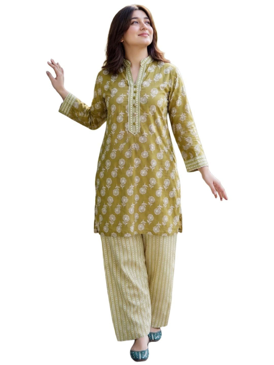 anni designer Cotton Blend Printed Straight Farshi Salwar Set for Women | Cotton Blend Mehandi | Full Sleeve | Mandarin Collar | Ethnic Wear Casual Wear-picture-28