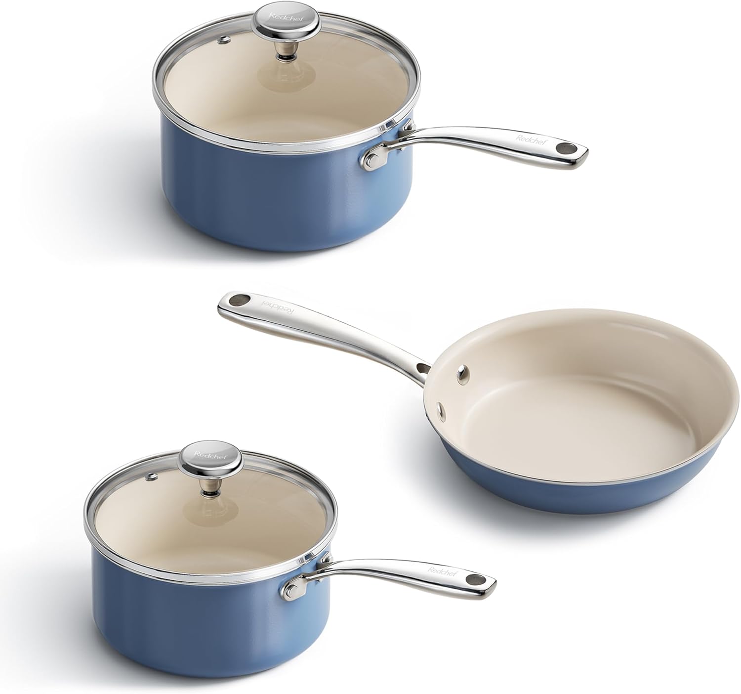 Redchef Nonstick Mini Cookware Set, 8" Ceramic Fry Pan 2.5QT,3.5QT Small Saucepan,Cooking Pot with Stay-Cool Handles, Compatible All Stovetops, PFAS PFOA & PTFEFree (Blue)