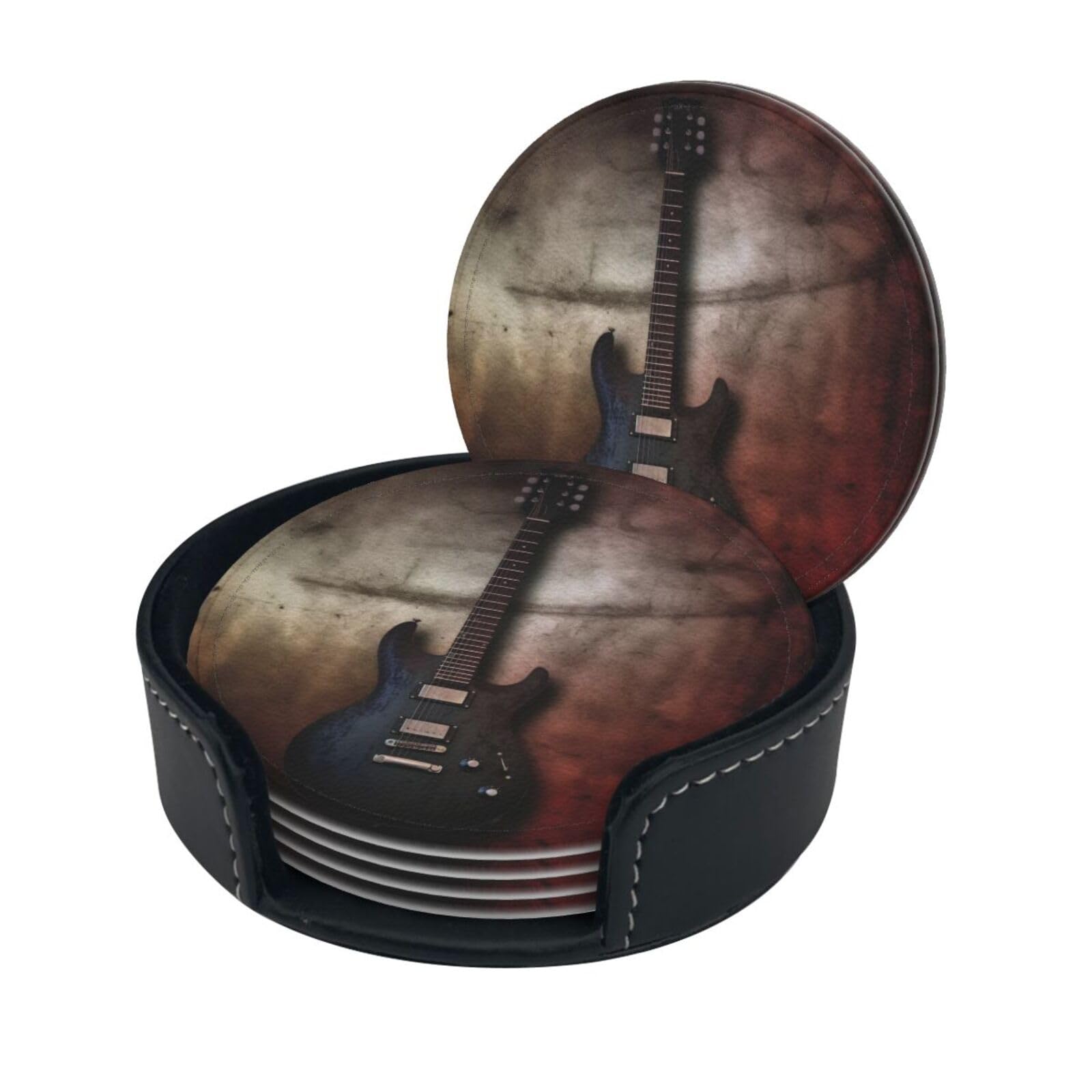 Smazdfxx Women's As Pic Stylish Coasters - Musical Guitar Set Of 6 Round Leather Drink Coasters With Holder - Perfect Size For Cups And Glasses
