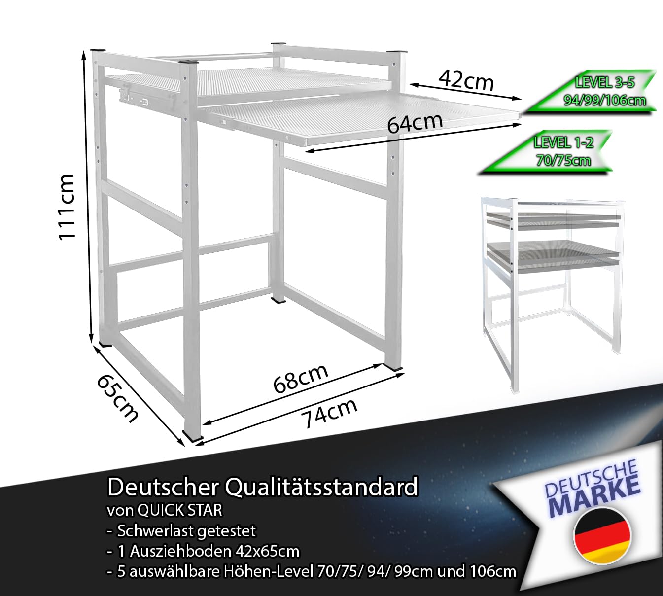 QUICK STAR Waschmaschinenregal 74x65x111cm mit Auszug Weiss Standregal Trockner Aufbewahrungsorganisator Badezimmer