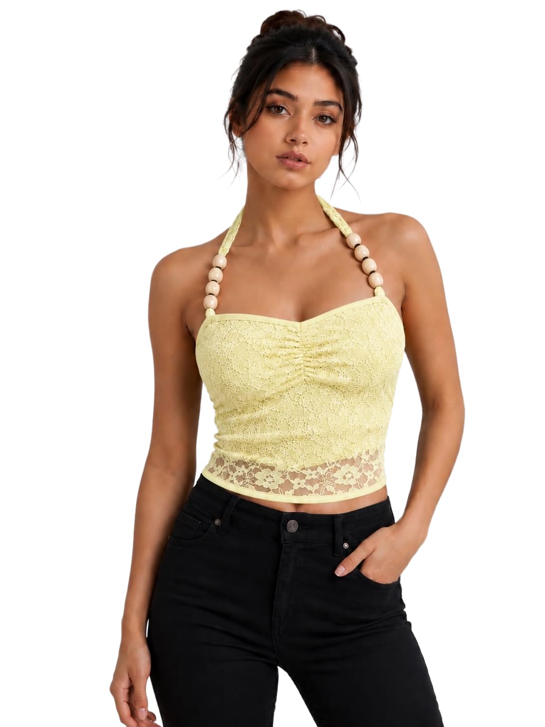 Women’s Yellow Lace Halter Neck Crop Top with Beaded Straps, Ruched Front, Sleeveless Fitted Top for Women and Girls-image-40