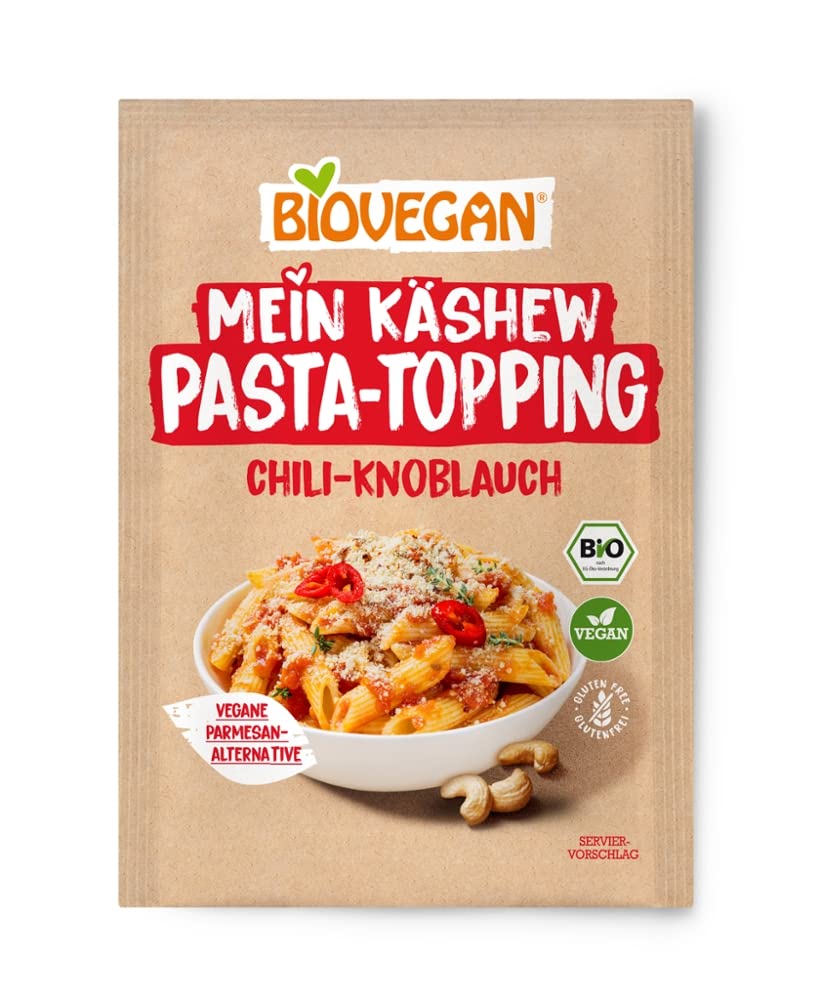 Biovegan Mein Käshew Pasta Topping, Veganer Parmesan-Ersatz in 100% Bio Qualität, Streukäse-Alternative Vegan, leckere Käse Alternative aus Cashew Nüssen, 8 x 50g (Chili-Knoblauch)