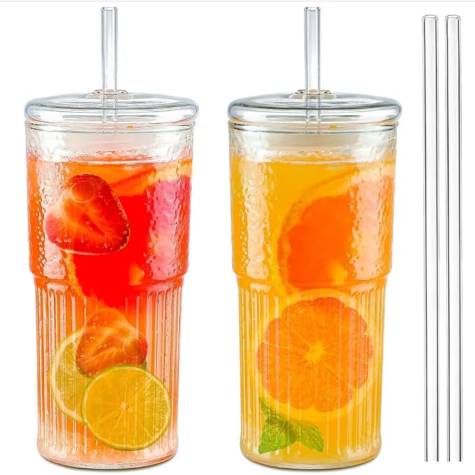 Glass Cups with Lids and Glass Straws, High Borosilicate 20OZ Tumblers (2Pcs) for Coffee, Tea, Juice, Smoothies, Hot or Cold Drinks at Home, Office