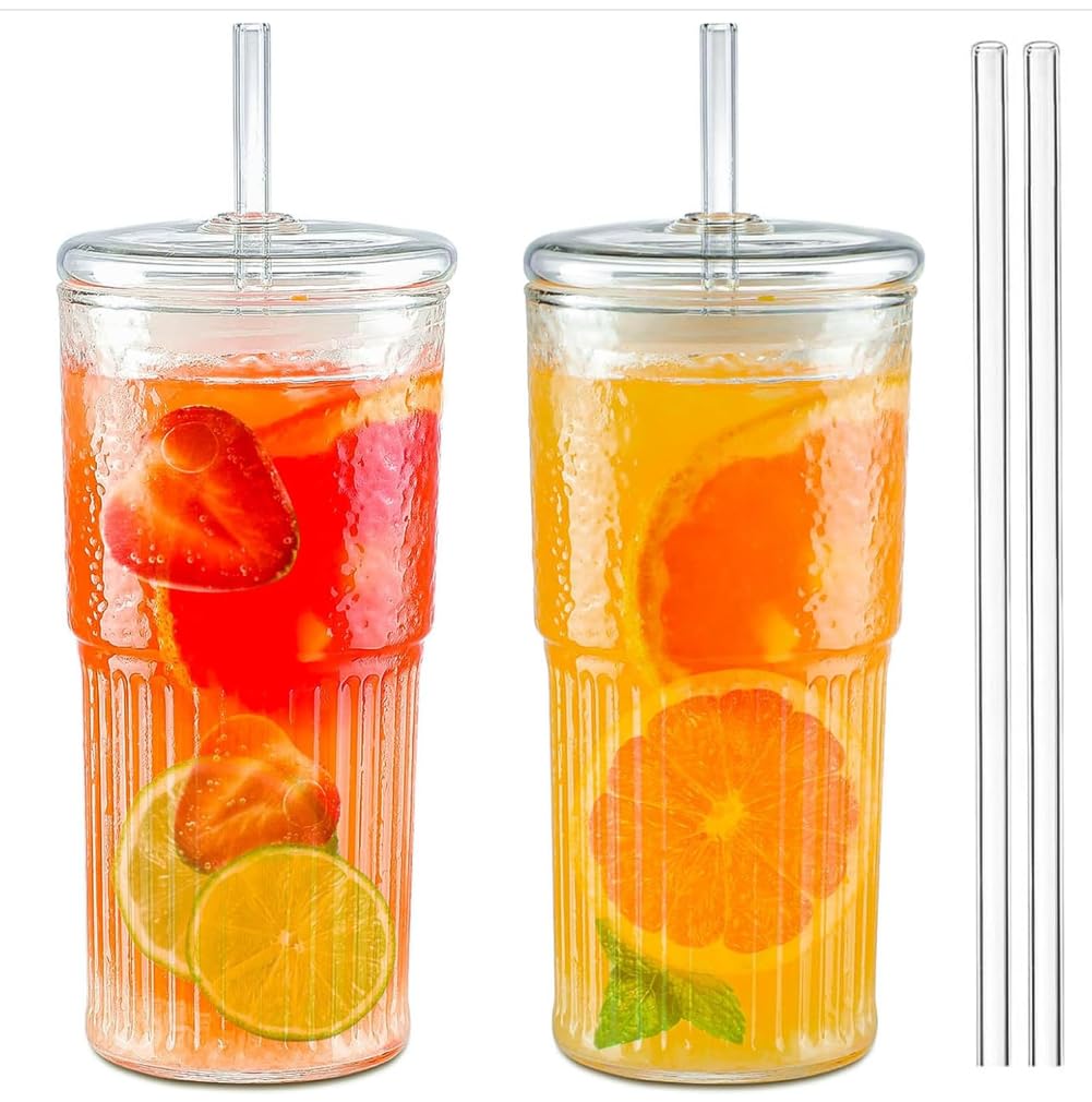 Glass Cups with Lids and Glass Straws, High Borosilicate 20OZ Tumblers (2Pcs) for Coffee, Tea, Juice, Smoothies, Hot/Cold Drinks at Home, Office
