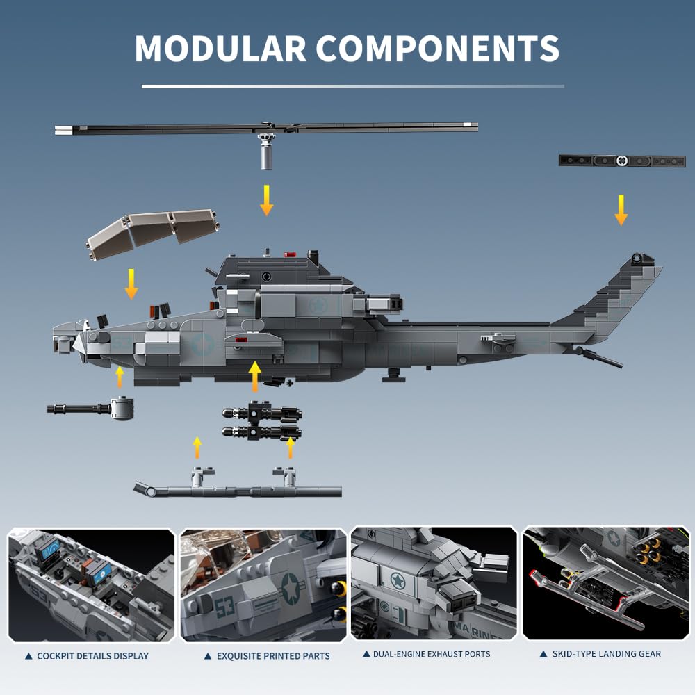 MISINI M8024 AH-1W Super Cobra Bewaffneter Hubschrauber Bausteine Set, 958 Stück Militär Medium 1:35 Hubschrauber Bausatz, Geschenke und Sammlungen für Flugzeugmodelle für Militärische Enthusiasten