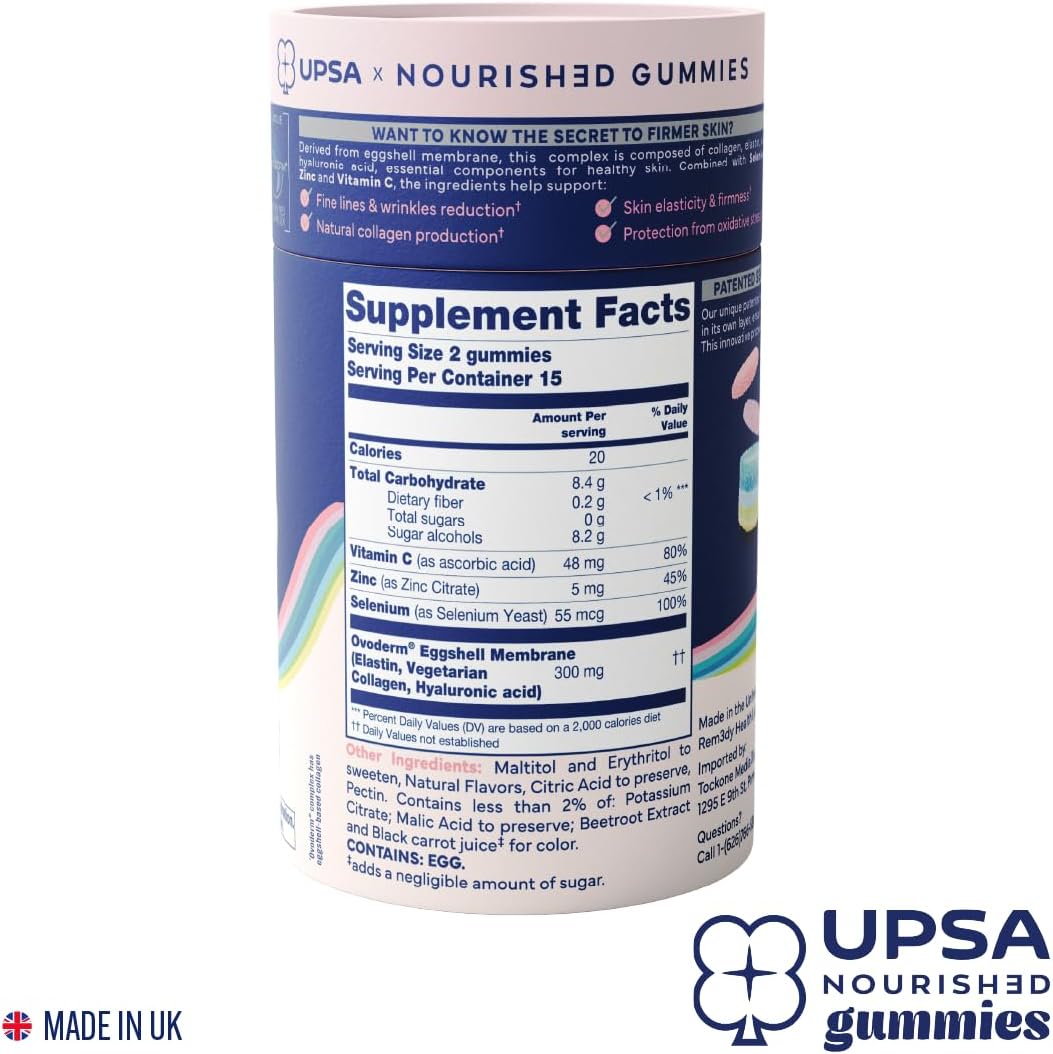 Upsa Nourished Collagen Skin Lift 30ct – Ovoderm® Egg Membrane Complex with Vitamin C, Zinc & Selenium – Sugar-Free Vegetarian Gummies – Plastic-Free Biodegradable Packaging