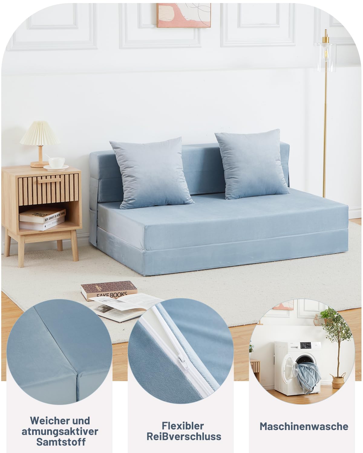 HAUSPROFI Schlafsofa mit Bezug aus Samtstoff & 2 Kissen, Bezug Abnehmbar, Waschbar, Klappmatratze mit Hochelastischer PU-Schwamm, Liegefläche 140CM x200CM (Blau)