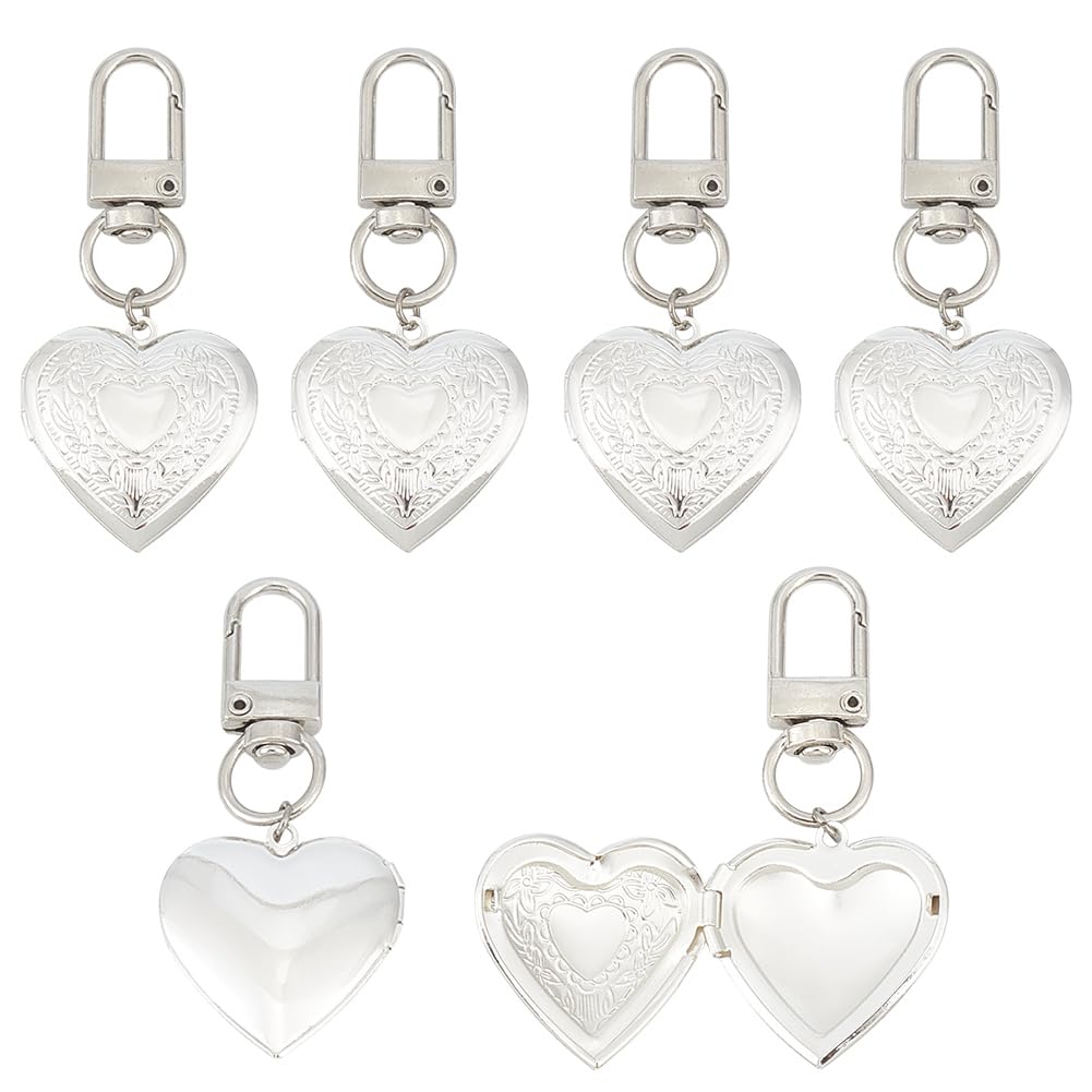 MAYJOYDIY 6 Porte Clés Médaillon Cœur Argenté 6.4cm Pendentif Cœur Vintage Souvenir Photo pour la Fabrication de Bijoux la Fête des Mères la Saint Valentin les Loisirs Créatifs