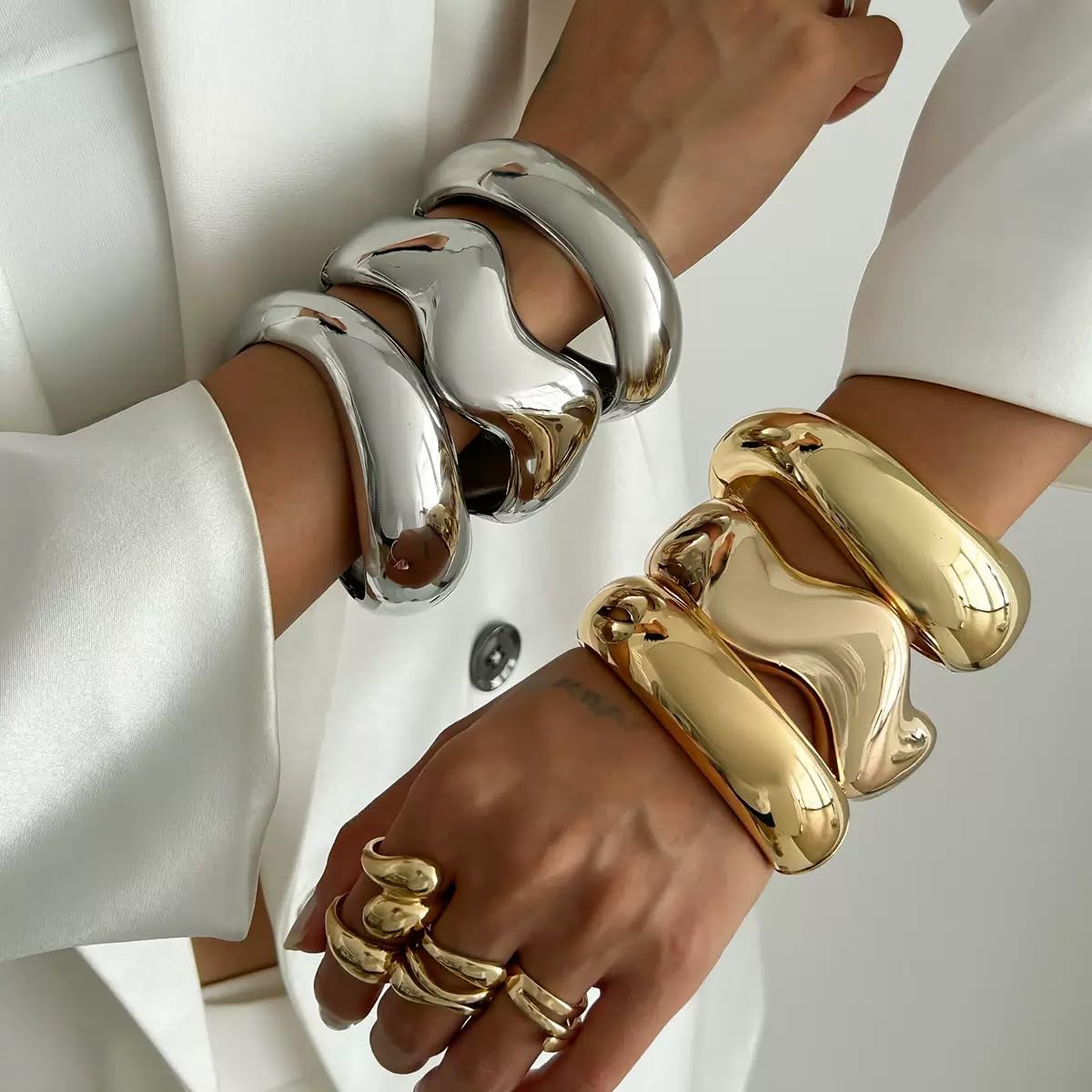 3 Pcs Metal Big Chunky Gold Cuff Bracelets for Women，Vintage Gold Statement Bracelet Chunky Hammered Bangle Bracelets.Trendy Minimalist Stackable Bangle Bracelet.Vintage Wide Bracelet hand polished - Image 2