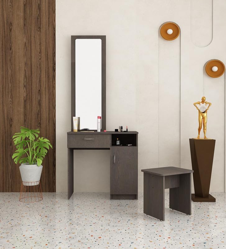 Dressing Table with Mirror | Bedroom Vanity Table with Drawer & Storage Cabinet | Makeup Table with Stool | Compact Wooden Dressing Unit | Engineered Wood | Dark Wenge-image-36