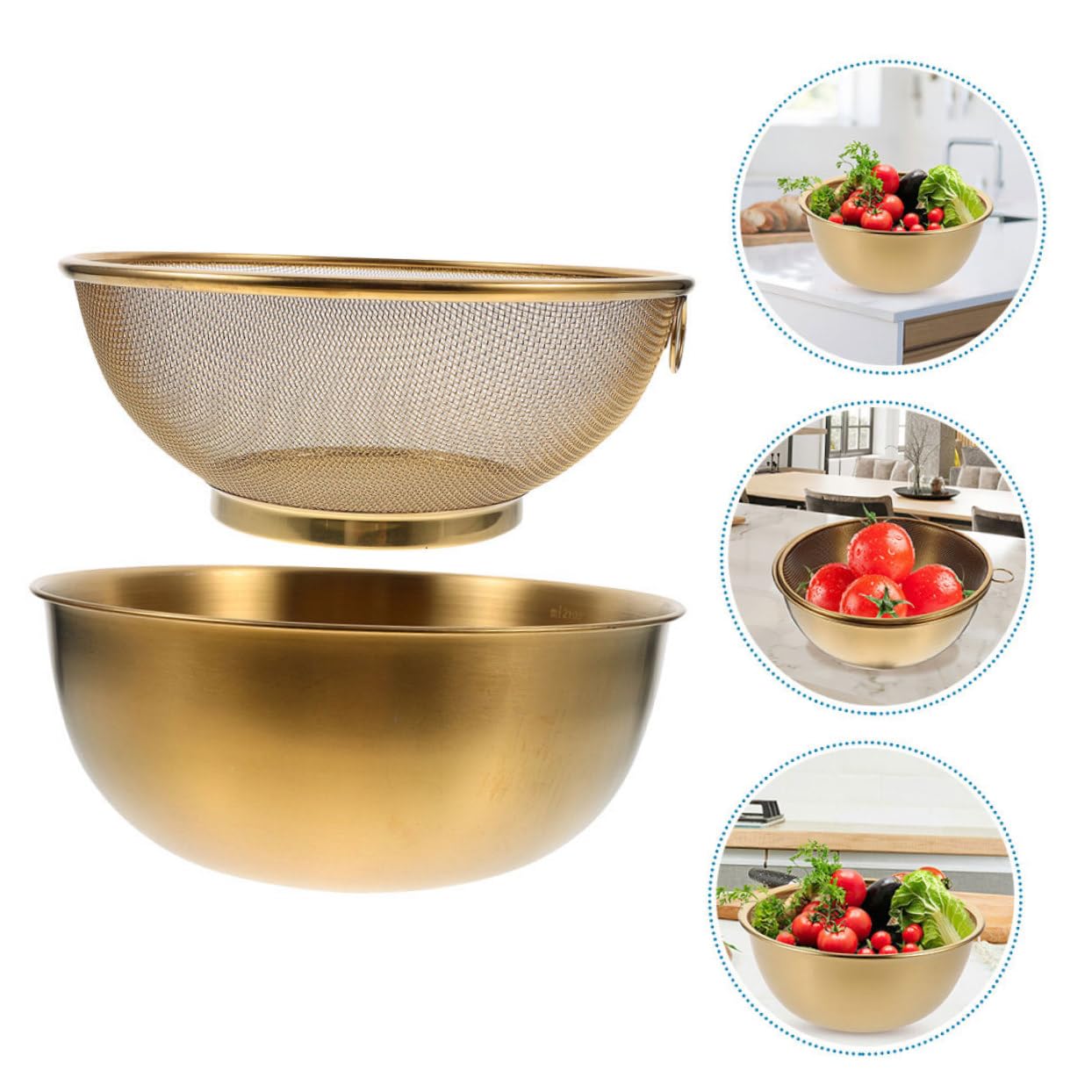 Colador de Malla Fina y Cesta de Drenaje 24 Cm de Acero Inoxidable Dorado para Lavar Arroz y Frutas, Práctico para Cocina y Lavado de Verduras, Juego de 2 Piezas