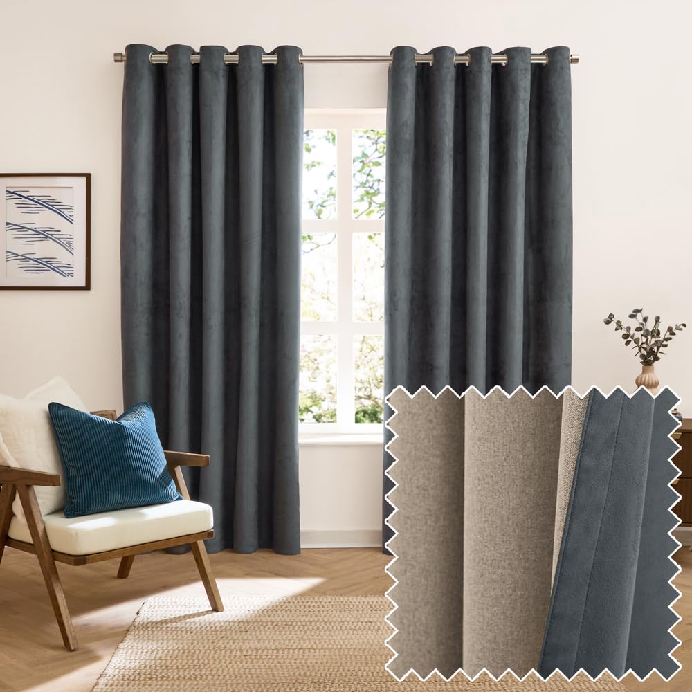 Furn Verso Suede-Look 100% Blackout Eyelet Curtain Pair in Cobalt | Size: 137cm width x 168cm drop