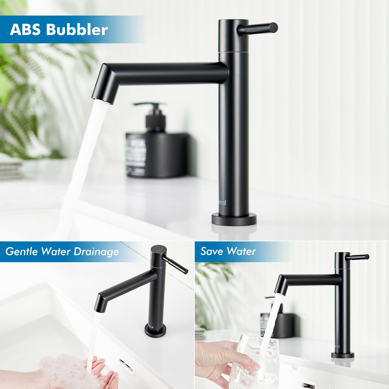 Robinet Eau Froide Uniquement Noir, Robinet Lave Main Salle Bain avec Mousseur Amovible, Acier Inoxydable avec Hauteur sous Bec 113 mm pour WC Invités