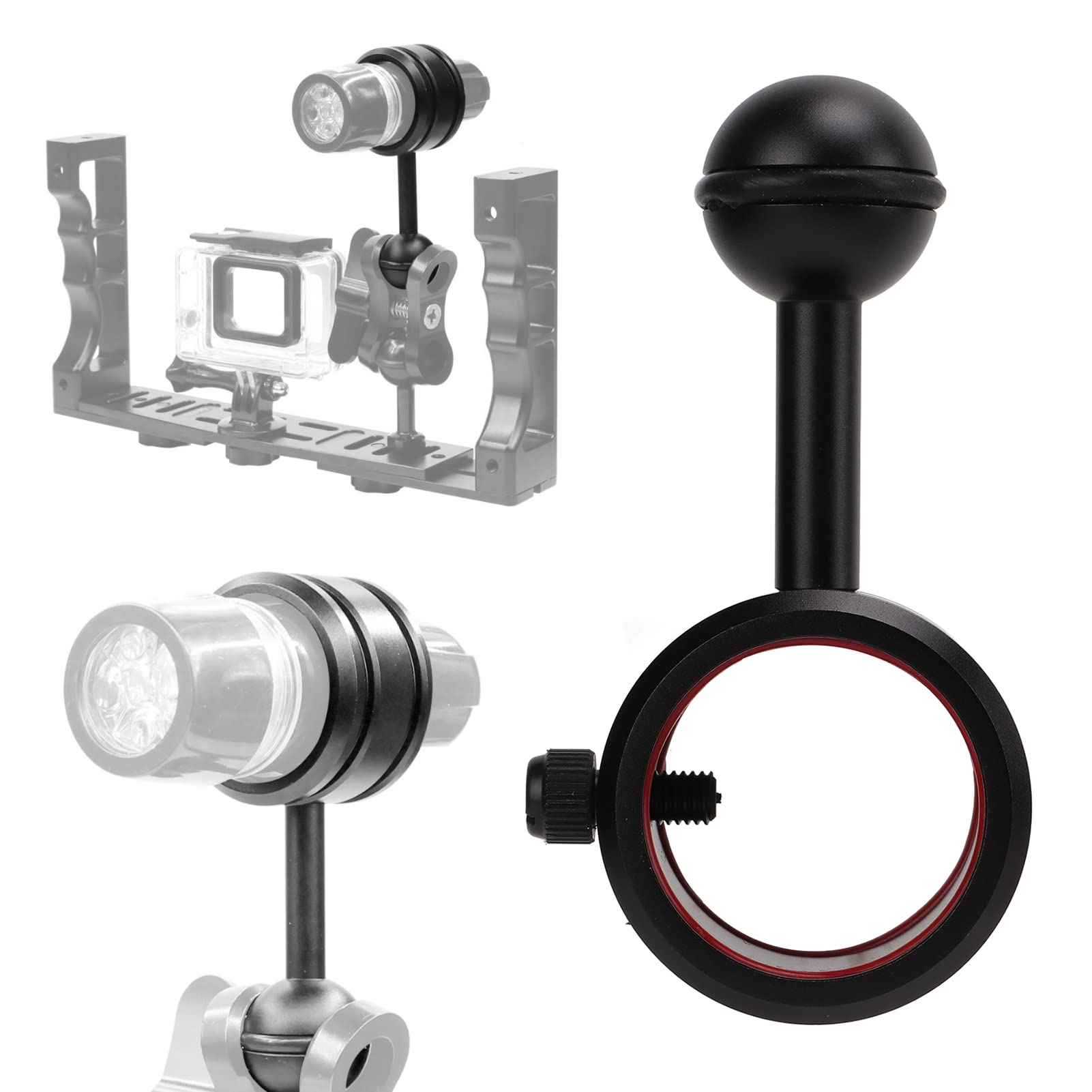 Akozon Adattatore per Braccio a Sfera Subacqueo Braccio per Palla da Immersione per Torcia da 28‑34 Mm Staffa per Giunto Sferico per Torcia Subacquea con Rivestimento Duro Anodizzato