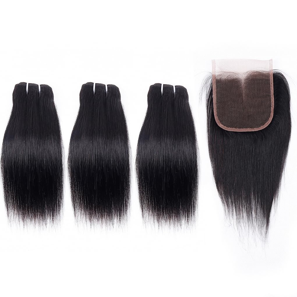 12A Human Hair Bundles with Closure Straight Bundles 8 8 8+8 Inch 4x4 HD Lace Closure Human Hair 100% Brazilian Virgin Hair Extensions 3 Bundles Deals Hair Quick Weave Bundle for Wome 50g/bundle - Image 2