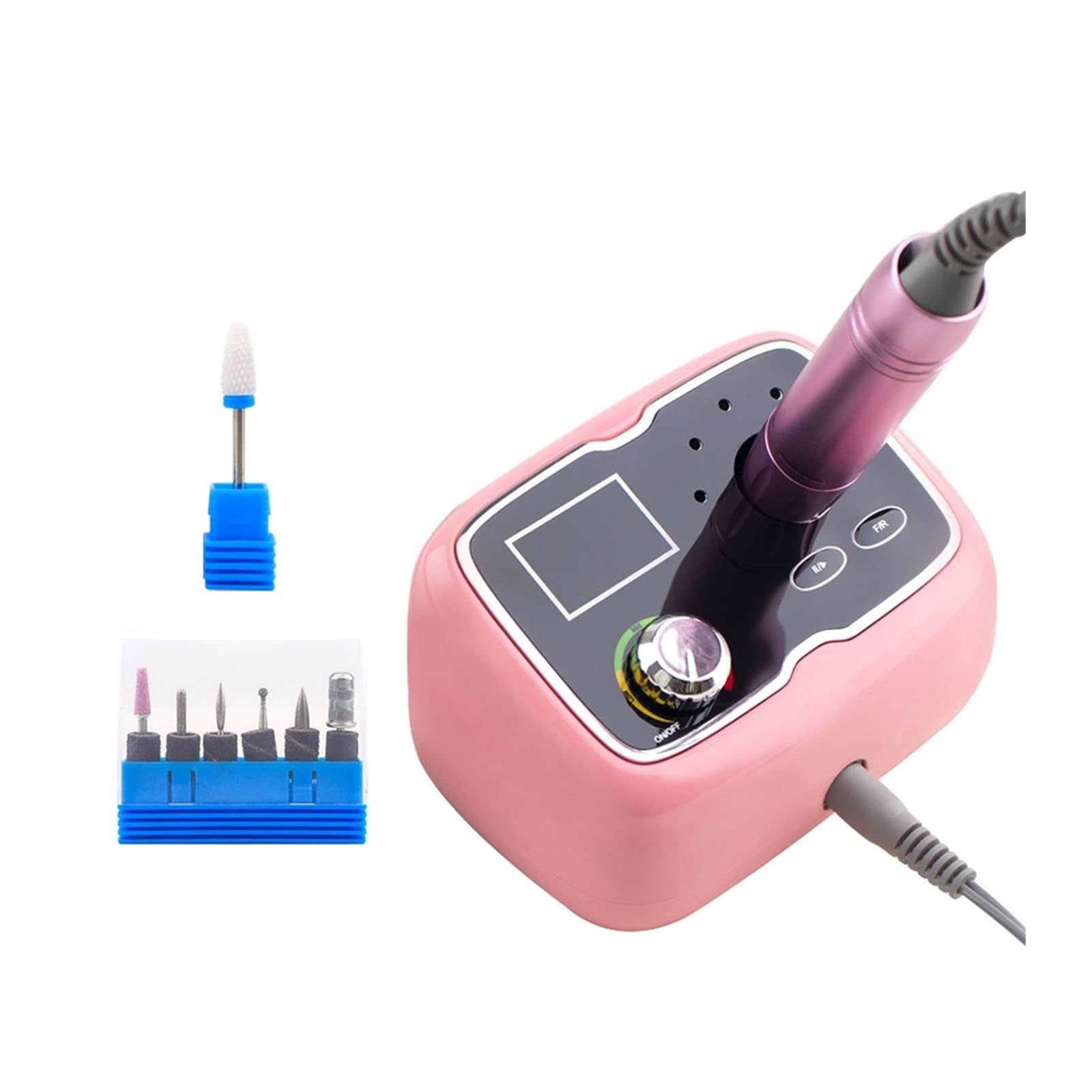 Taladro de uñas escritorio recargable, máquina manicura con soporte caja, pulidor inalámbrico eléctrico portátil 35000RPM Potente y eficiente(Pink)