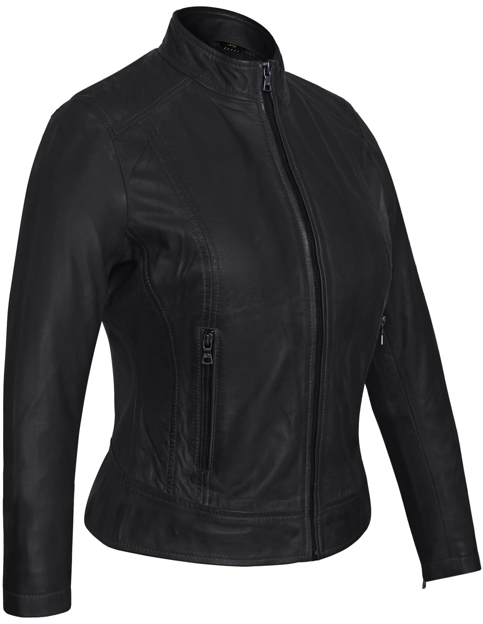 Damen Lederjacke KLARA Bikerjacke mit Stehkragen - Modernen Echtleder Jacke aus Lammnappa Leder Schwarz