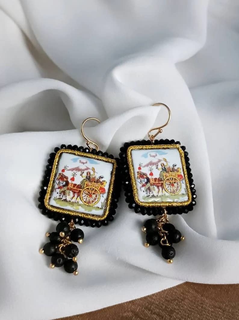 Orecchini Siciliani con Mattonelle in Ceramica di Caltagirone e Pietra Lavica