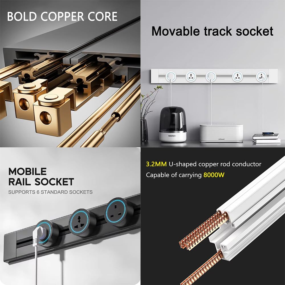 Presa Elettrica da Binario - Adattatore Internazionale Rotondo, 8000 W, Adattatore con Luce Blu, Robusto, Staccabile, Facile da Collegare All'Alimentazione Grey-75cm