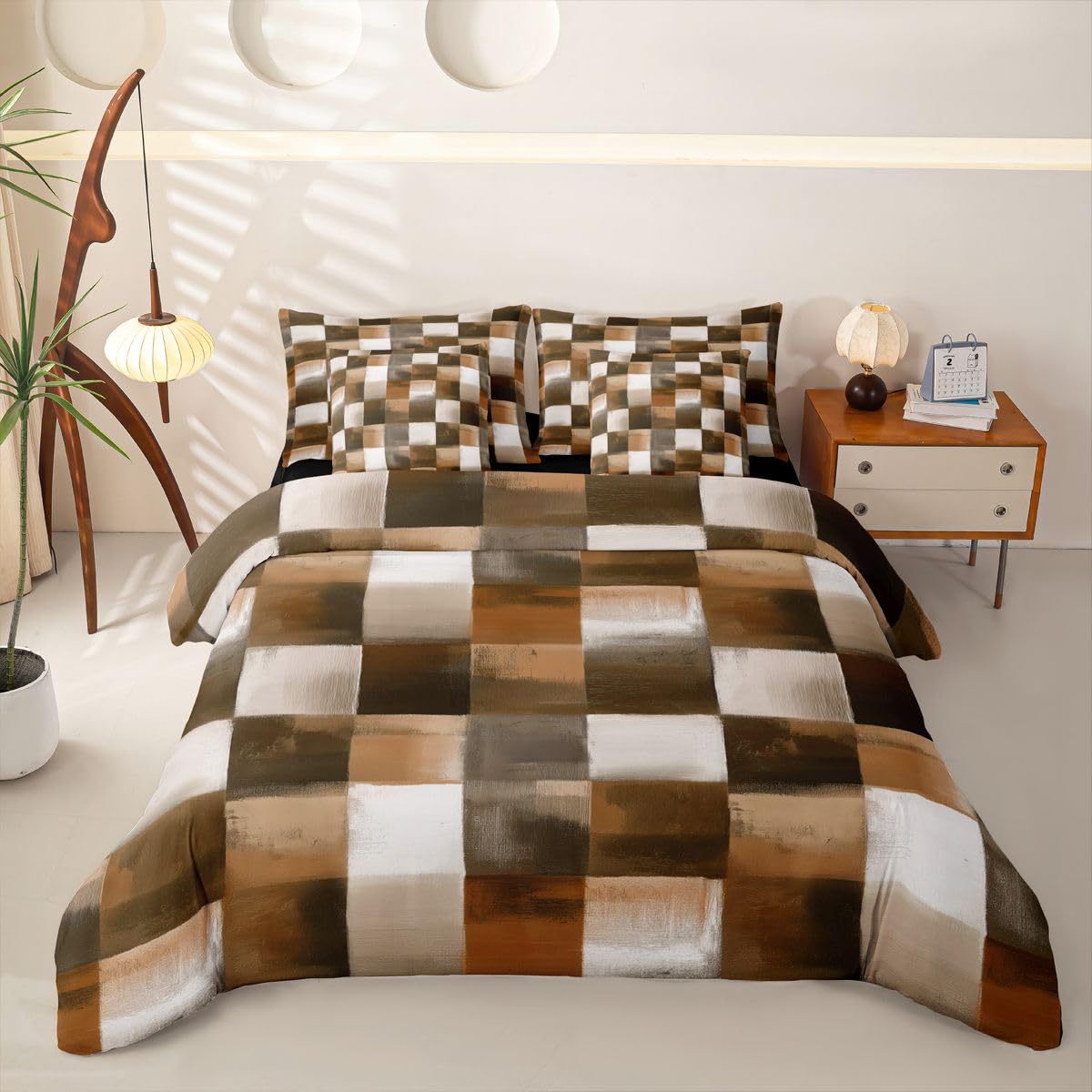 Loussiesd Juego de funda de edredón geométrica a cuadros con sábanas, 7 piezas, tamaño doble, color amarillo y marrón, ropa de cama en una bolsa, para niños y niñas, arte abstracto degradado