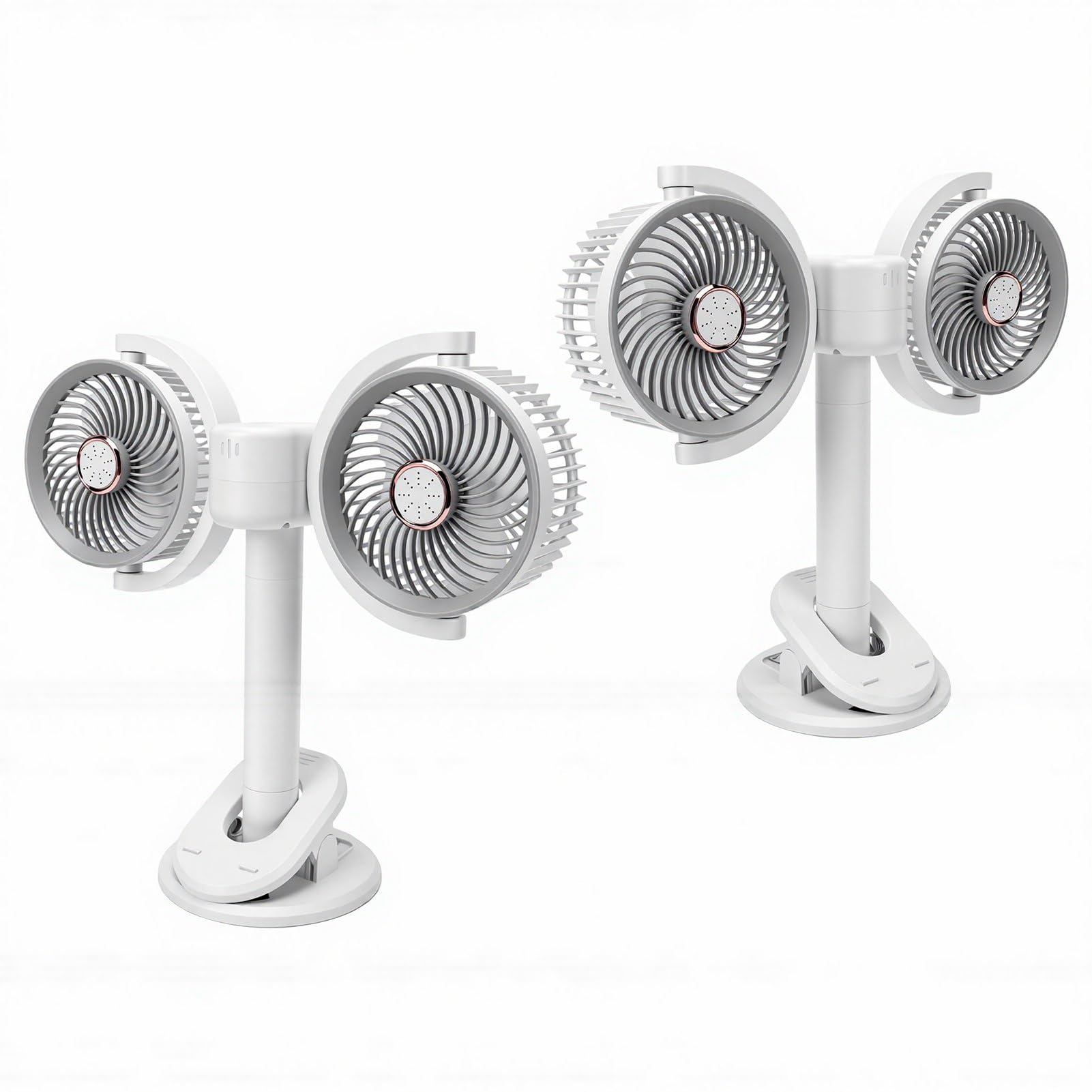 Ventilatore da Tavolo Compatto a Doppia Testa, Rotazione di 360 Gradi, Clip Ricaricabile Silenziosa a 4 velocità, Ventilatore da Tavolo Portatile con Luce Notturna e Morsetto per Camera da