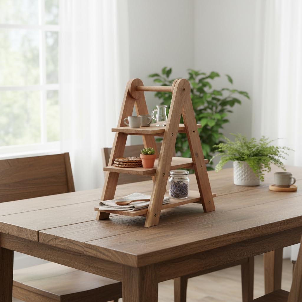 Deconox Doğal Akasya Ahşap 3 Katlı Sunum Standı - 37x12.3x37.5 cm Çok Amaçlı Katlı Servis Tepsisi, Kurabiyelik ve Peynir Sunumluğu