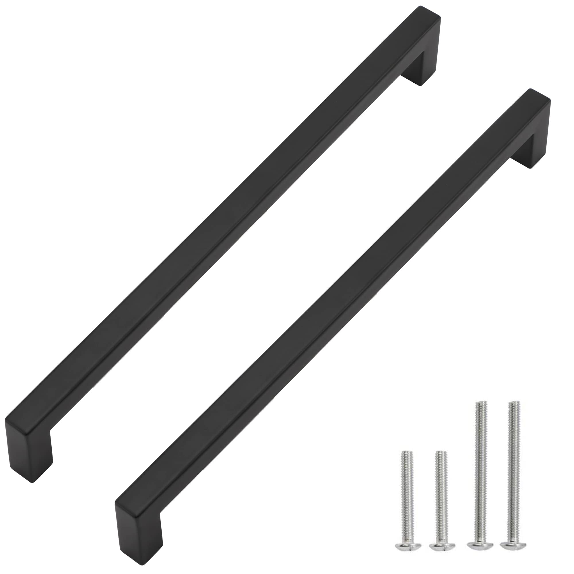 Redunest Cabinet Pulls Matte Black Cabinet Handles Square Drawer Pulls, 2 Pack 11-1/3 Inch Stainless Steel Kitchen Door Cupboard Cabinet Handles, Drawer Hardware Handles, 288mm Hole Centers