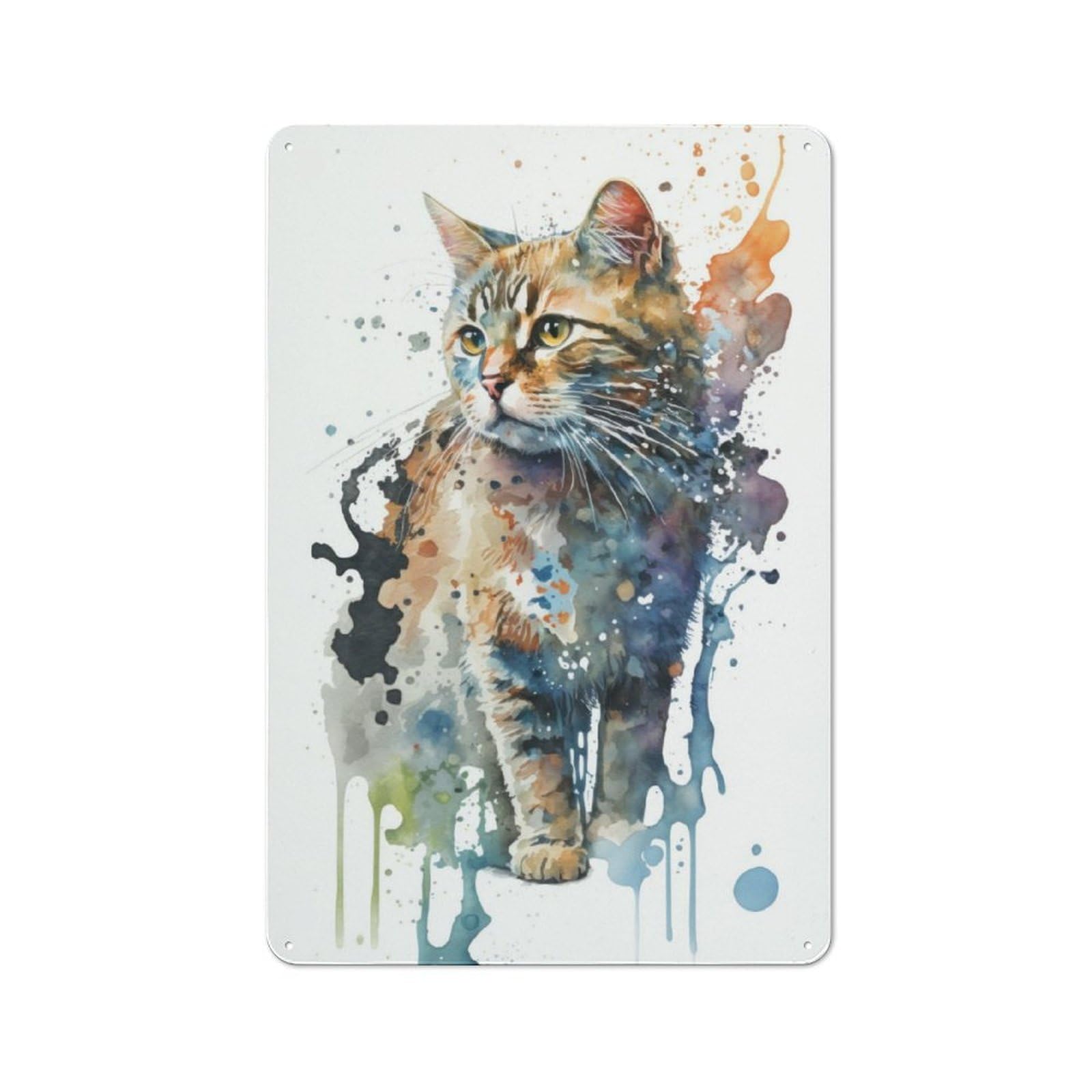 Junmoney Watercolor Cat Painting Tin Sign 30X20cm For Workshop Wall, Rustic Wall Decor, Suited To Workshop Decor Fans