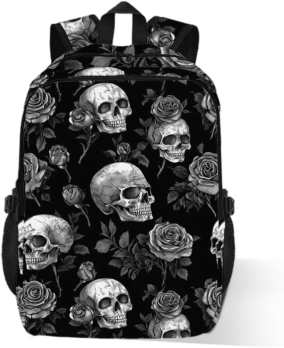 Gothic Skull & Rose Backpack With Adjustable Straps Multi-Functional Daypack For Laptop, Travel, Hiking & Daily Use