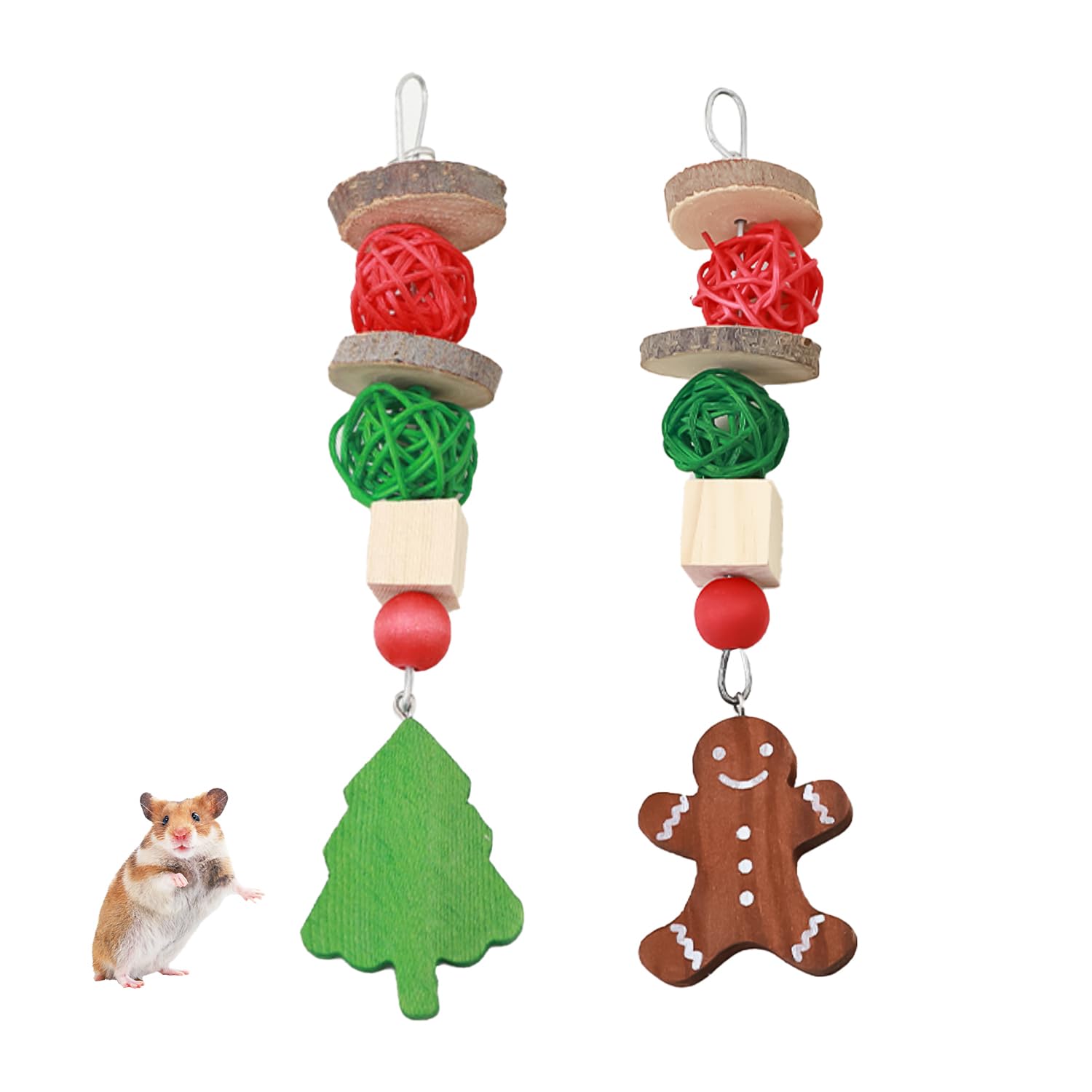 Bohue 2pcs Christmas Guinea Pig Toys Gingerbread Christmas Tree Hanging Accessories Hamster Rabbit Chew Toys Chinchilla Chew and Treats Toys for Small Pets