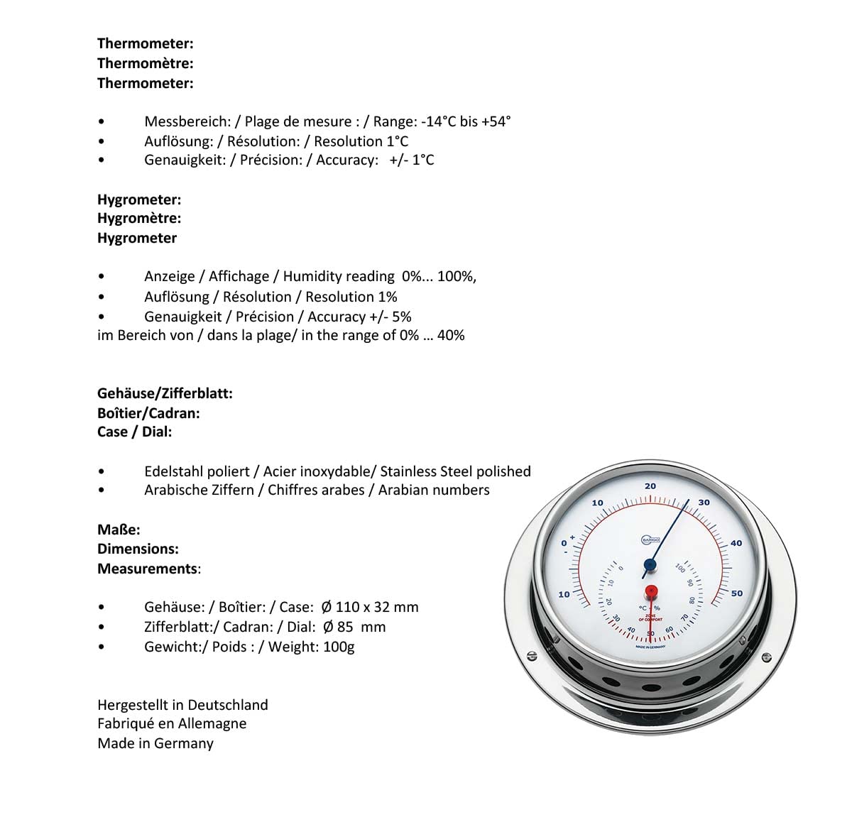 Barigo 983rfpo Sky Thermometer Hygrometer B x H 110 mm x 32 mm