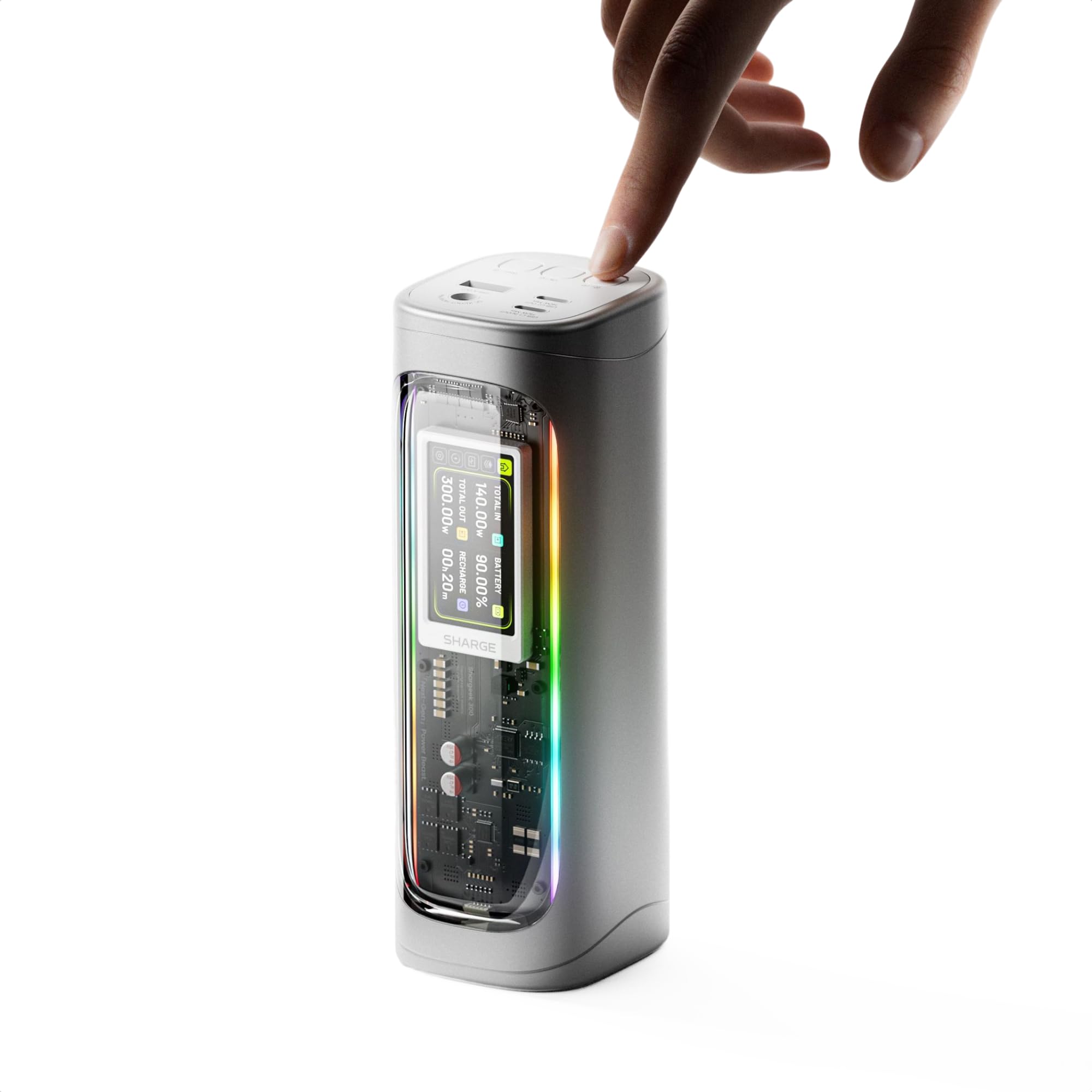 Shargeek 300 Power Bank 24000mAh, caricatore portatile per laptop da 140W PD3.1 con 2 USB-C, 1 USB-A e uscita DC, RGB batteria trasparente per MacBook Pro, iPhone, Starlink