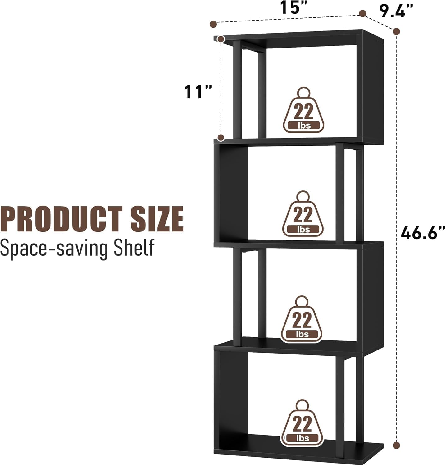 5-Tier ometric Bookcase, S Shaped Bookshelf, Wood Decorative