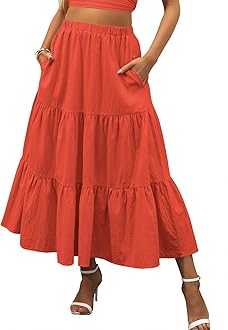 Women’s Summer Boho Flowy Swing Tiered A-Line Maxi Skirt 2026 Fashion Trendy Elastic Waist Pleated Long Beach Dress