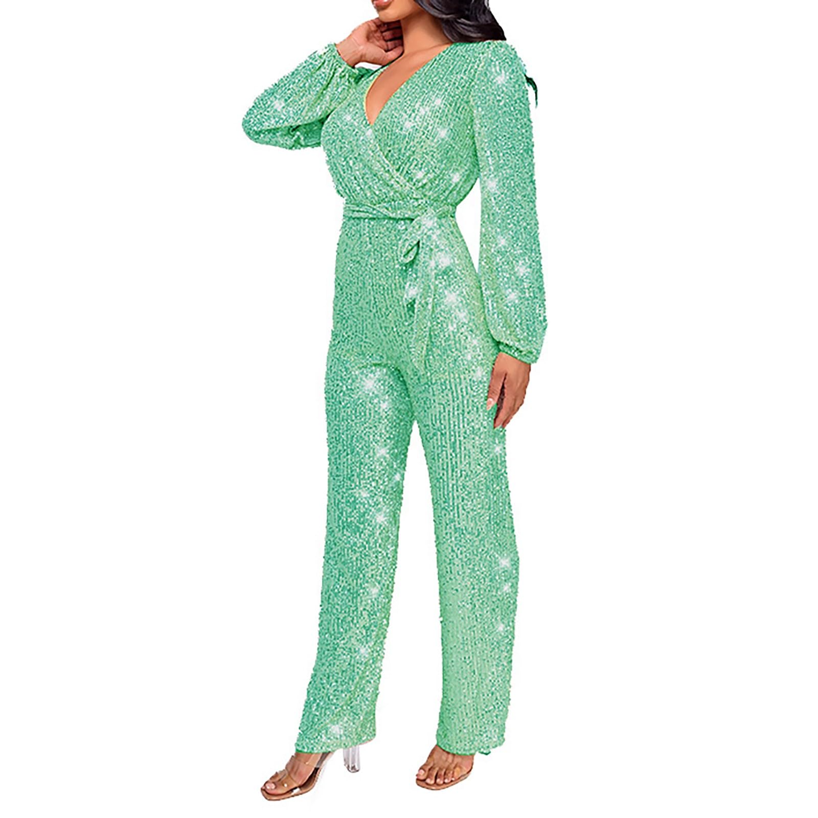Combinaison à paillettes pour femme - Paillettes brillantes - Col en V - Manches longues - Barboteuse droite et large - Pantalon long, Vert, M