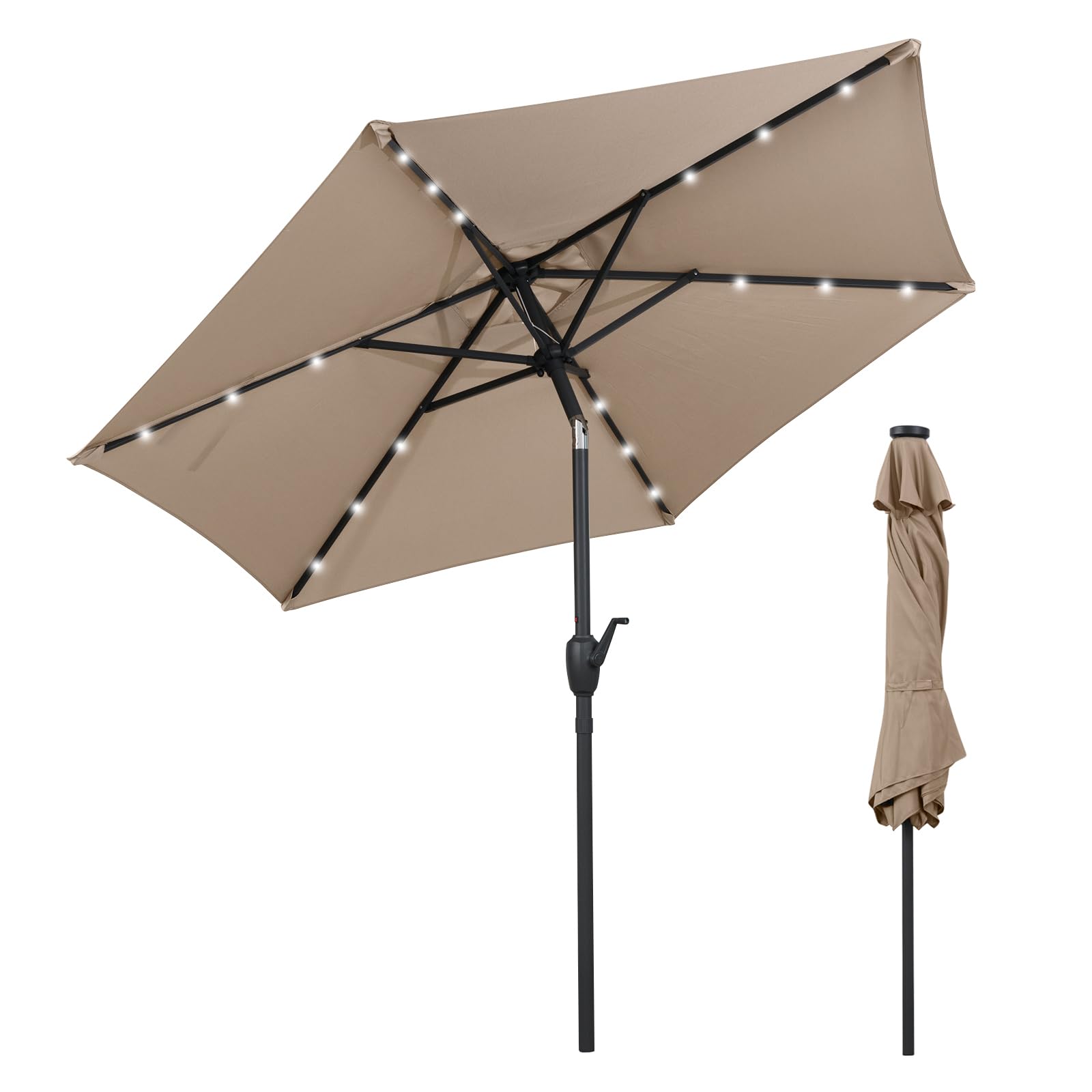 GYMAX Ombrellone da Giardino 2,3 M con Luci, Pannello Solare, 6 Stecche, Manovella e Palo in Metallo Resistente, Ombrelloni Regolabile 35° per Esterni per Spiaggia Mare Terrazzo Patio