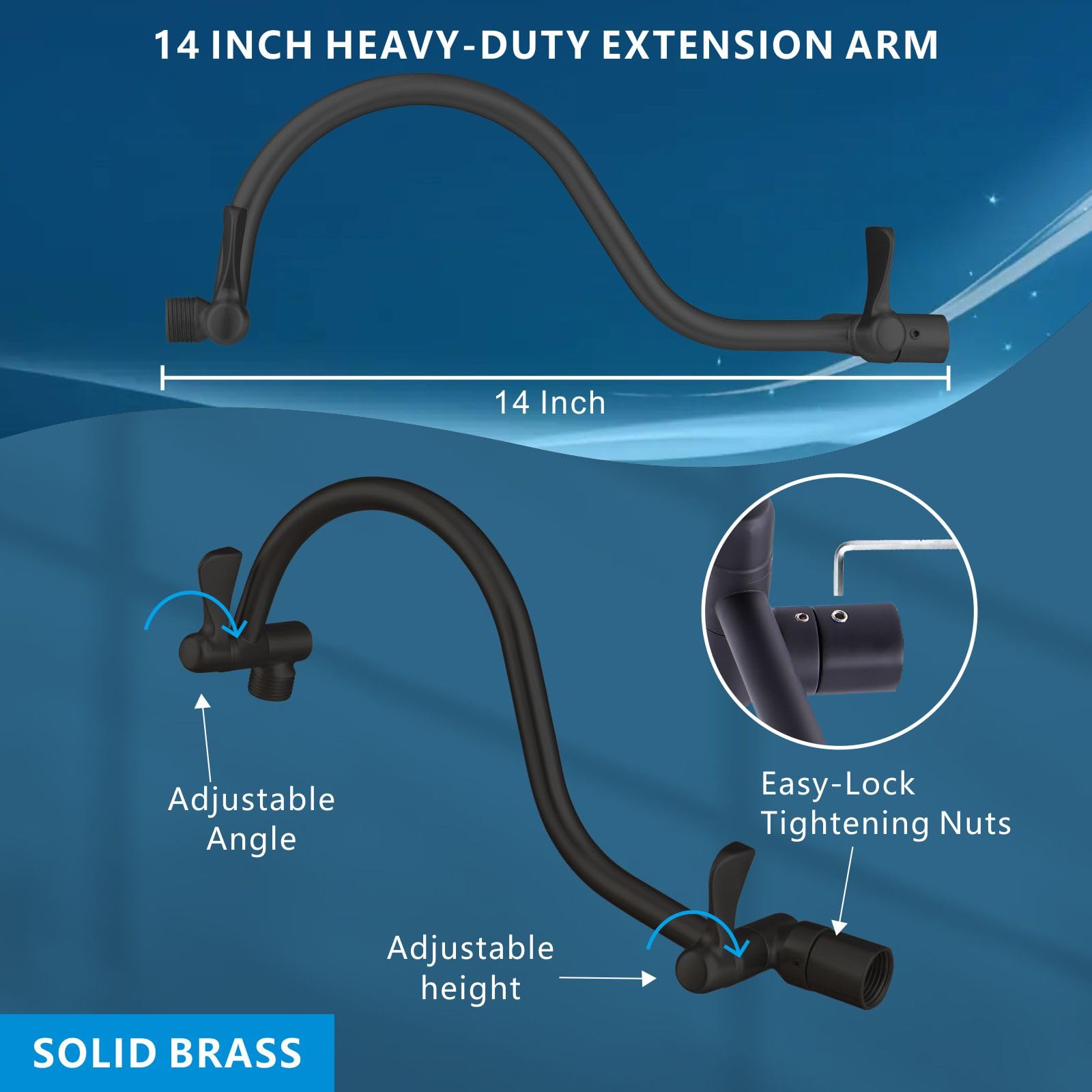 Voolan Cabezal de ducha cuadrado de 10 pulgadas con brazo de extensión de 14 pulgadas, ángulo y altura ajustables, cabezal de ducha de lluvia de alta presión de acero inoxidable, 2.5 GPM, negro mate