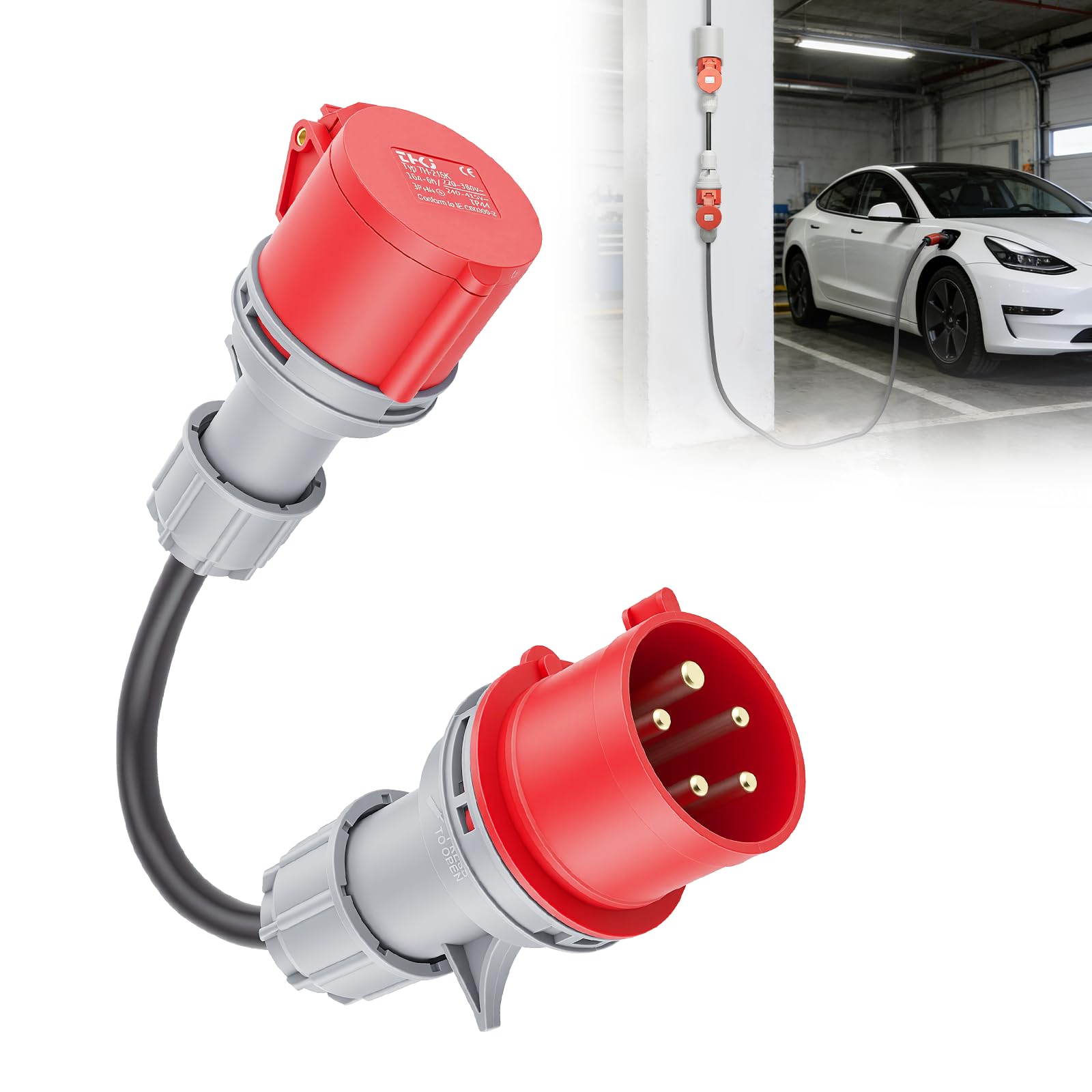 Adaptateur CEE 32A vers 16A, 5 pôles, IP44 étanche avec Couvercle de Protection Auto-fermant pour Industrie, Chantiers et Voiture électrique