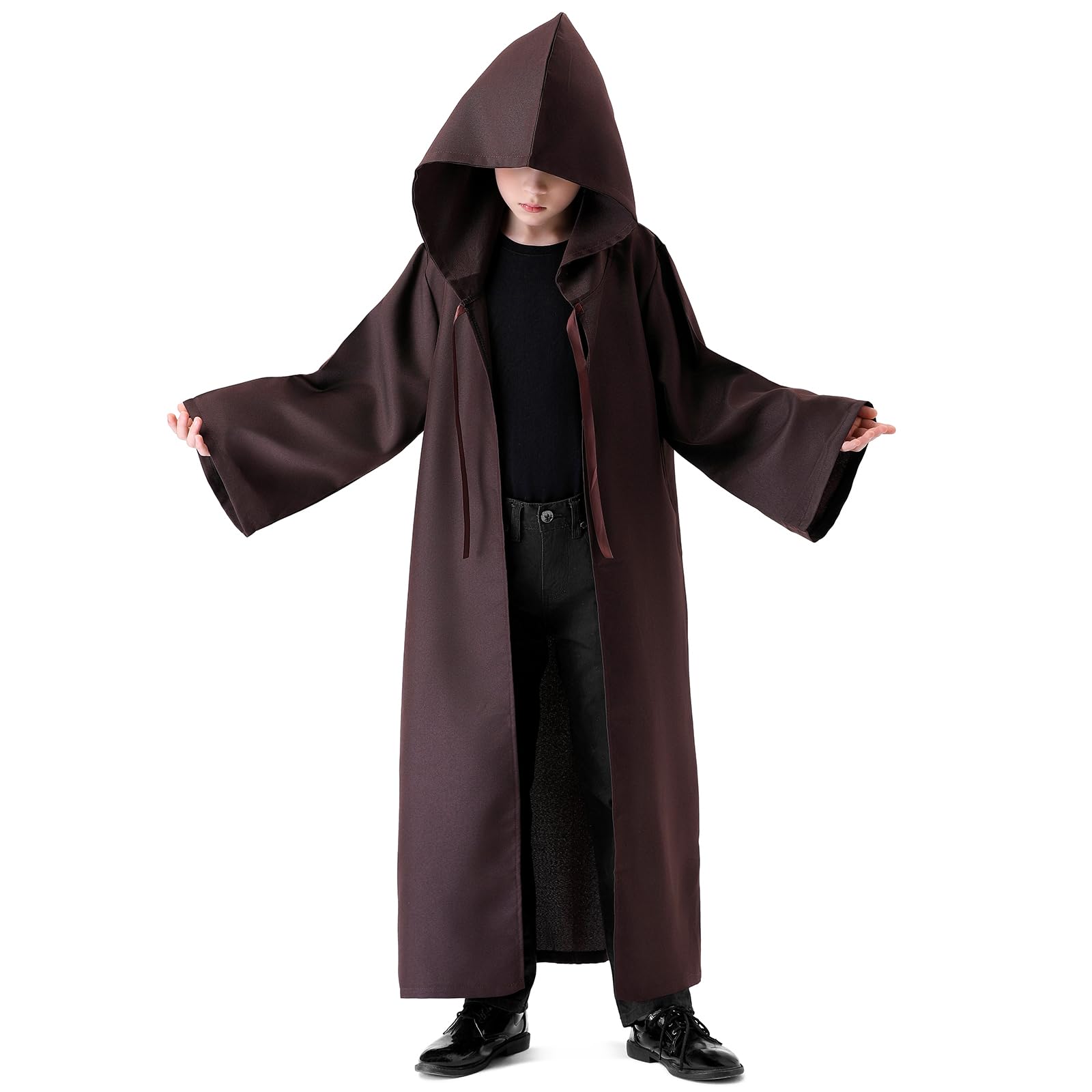 Banchif Kids Hooded Cape Black Halloween Medieval Vintage Cloak Kids Halloween Costumes Carnival Fancy Dress Cosplay Costumes (Brown 160)