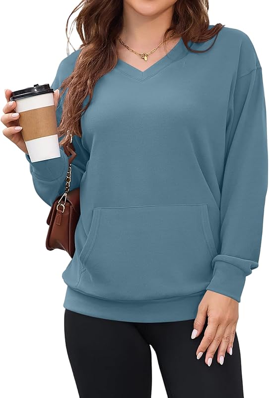 V Neck Sweatshirt for Women Lightweight Loose Fit Long Sleeve Pullover Casual Sweatshirt