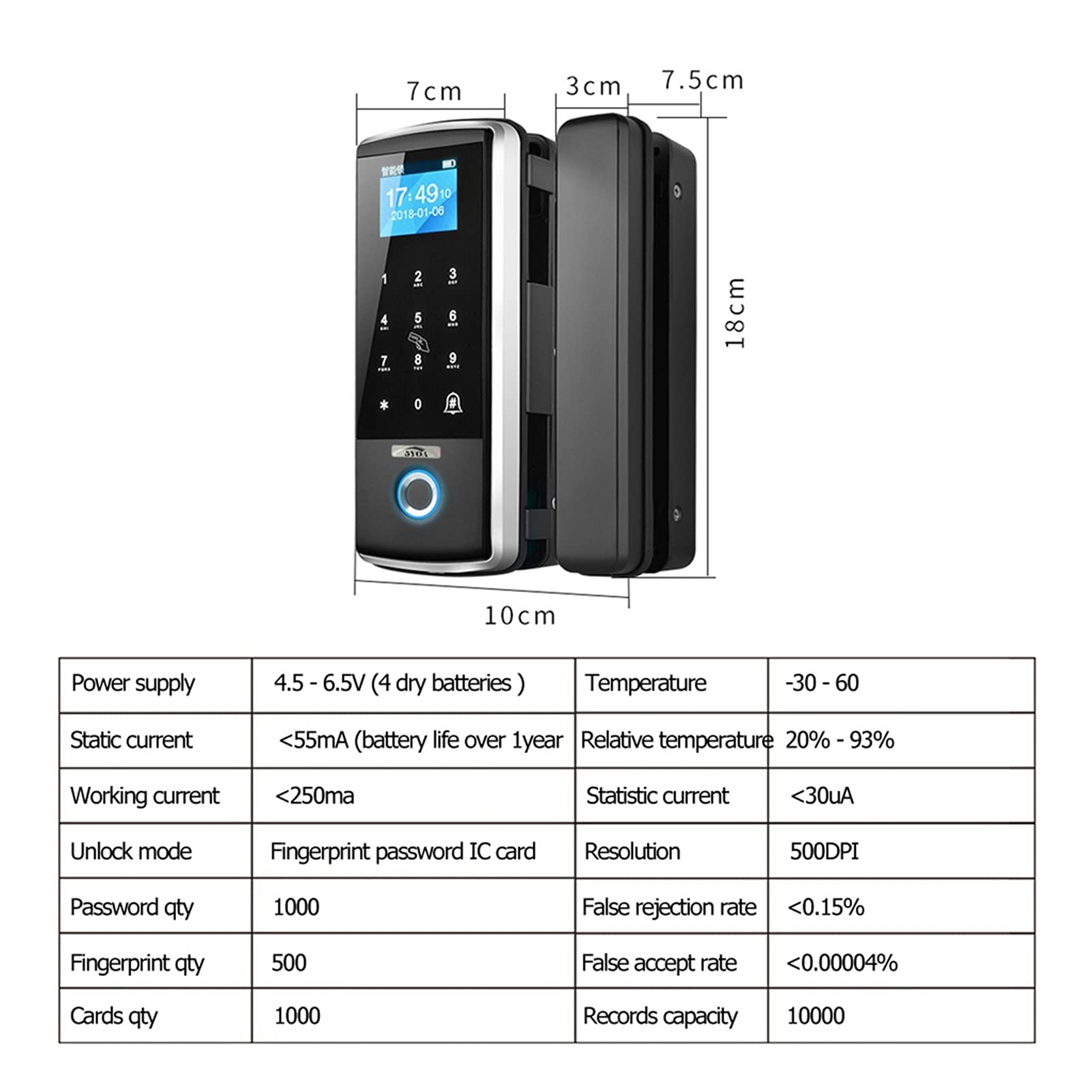 Orologio Marcatempo, Serratura Intelligente per Porta, Impronta Digitale, Apricancello Elettronico Digitale, Biometrico, con Password, per Aziende E Uffici(Vetro Singolo)